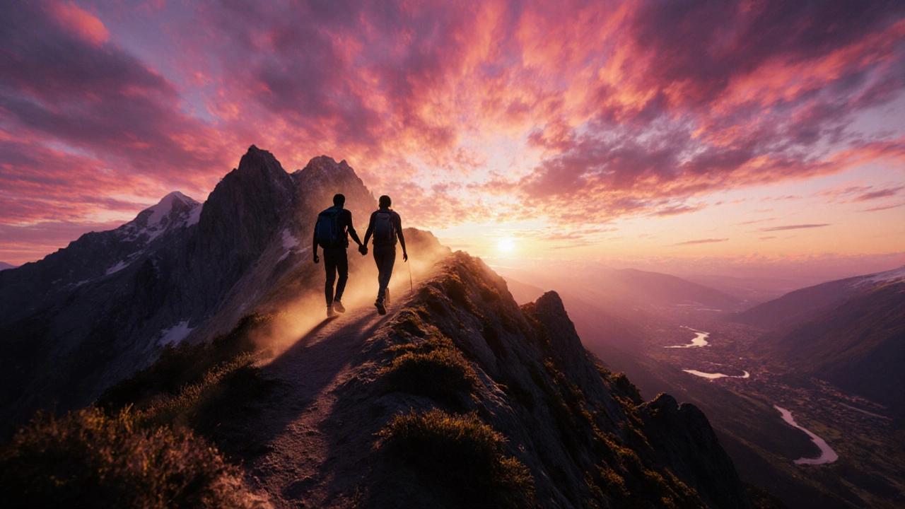 A digital illustration of a couple hiking together at sunrise, symbolizing a thriving Stage 7 partnership.
