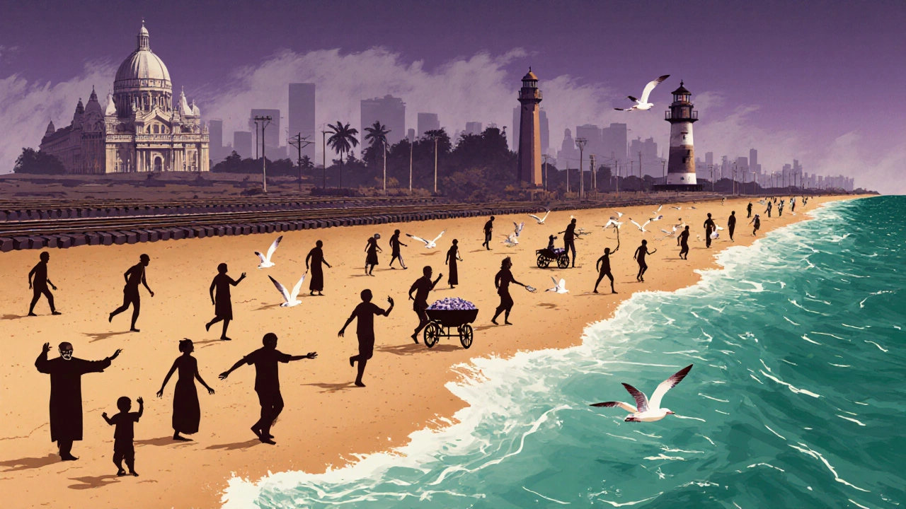 A symbolic representation of Chennai's people and landmarks woven into the 13-km shoreline of Marina Beach.