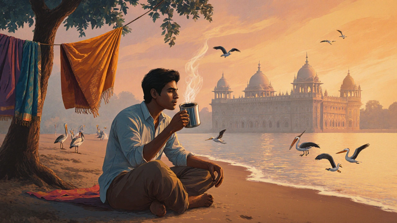A traveler enjoying coffee by a lake as pelicans fly and Mysore Palace glows in the distance.