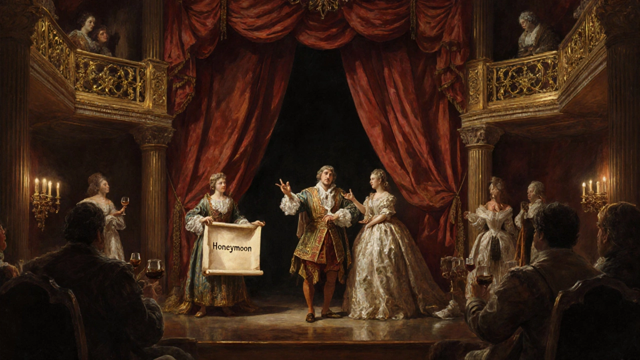 Actors on a 17th‑century stage portray the word ‘honeymoon’.