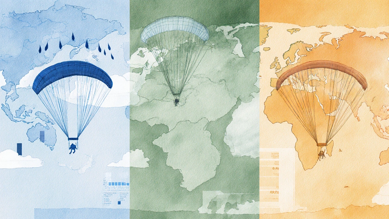 Artistic world map split view with parachute silhouettes and pastel colors representing fatality rates.