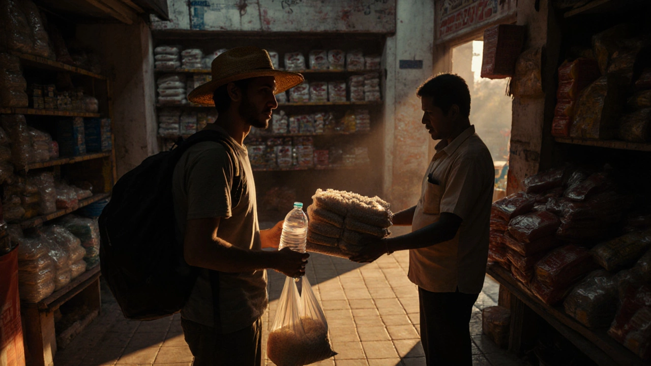 Backpacker receiving cheap rice at a Fair Price Shop during golden hour.
