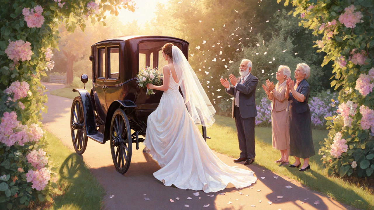 Bride exiting carriage in garden, family applauding her dress.