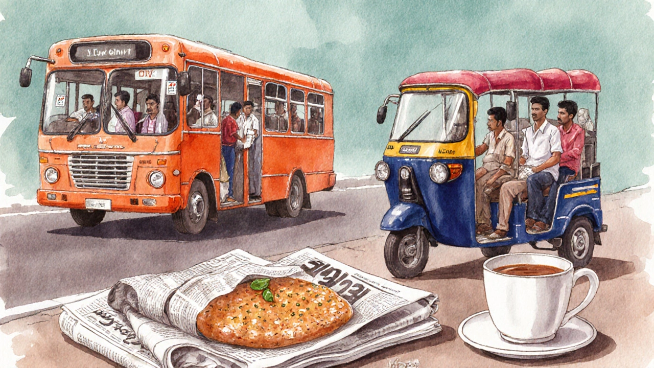 Bus stop with auto‑rickshaw, vada‑pav and chai displayed under a cloudy sky.
