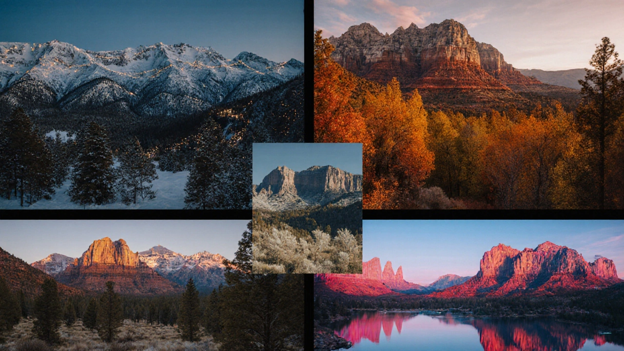 Collage of five hill stations showing winter, fall, spring, summer, and sunrise scenes.