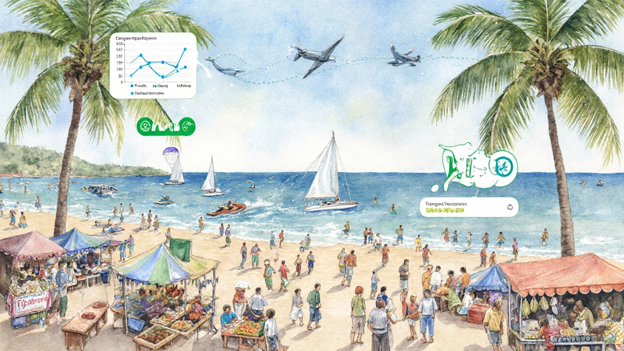 Colorful midday scene of Calangute promenade with water sports and data icons.