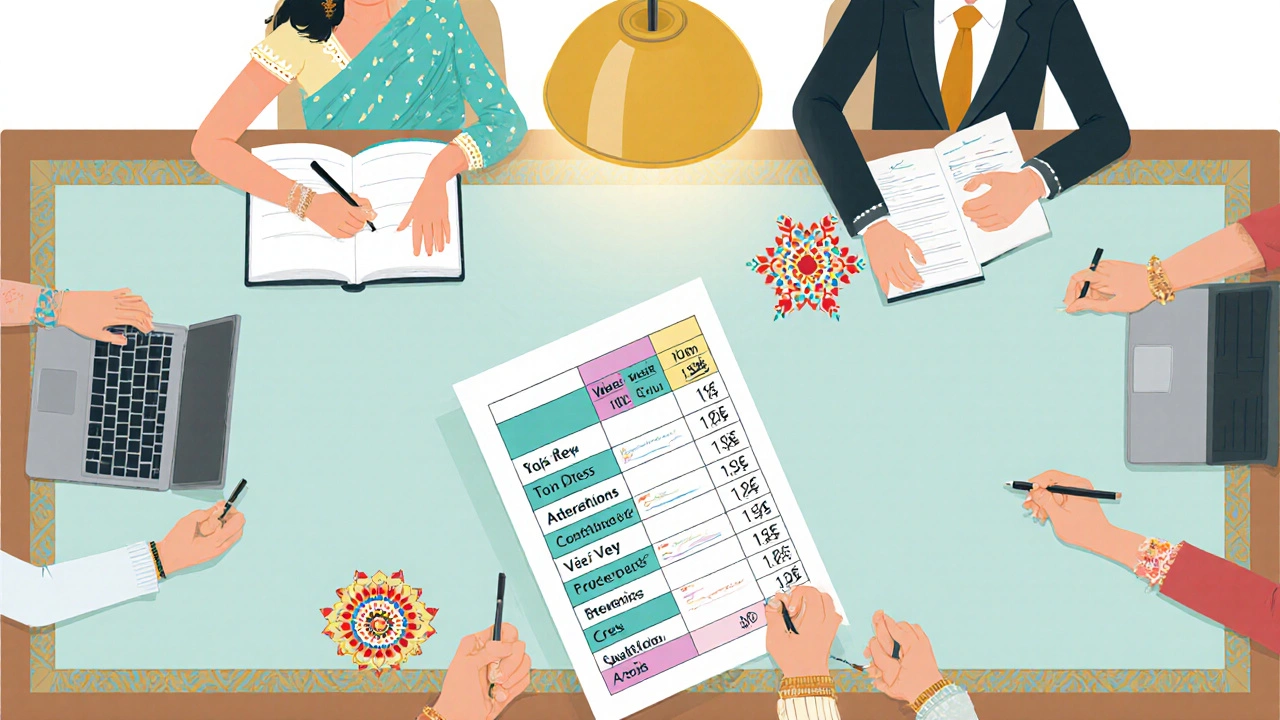 Couple and parents reviewing wedding budget worksheet at a table.