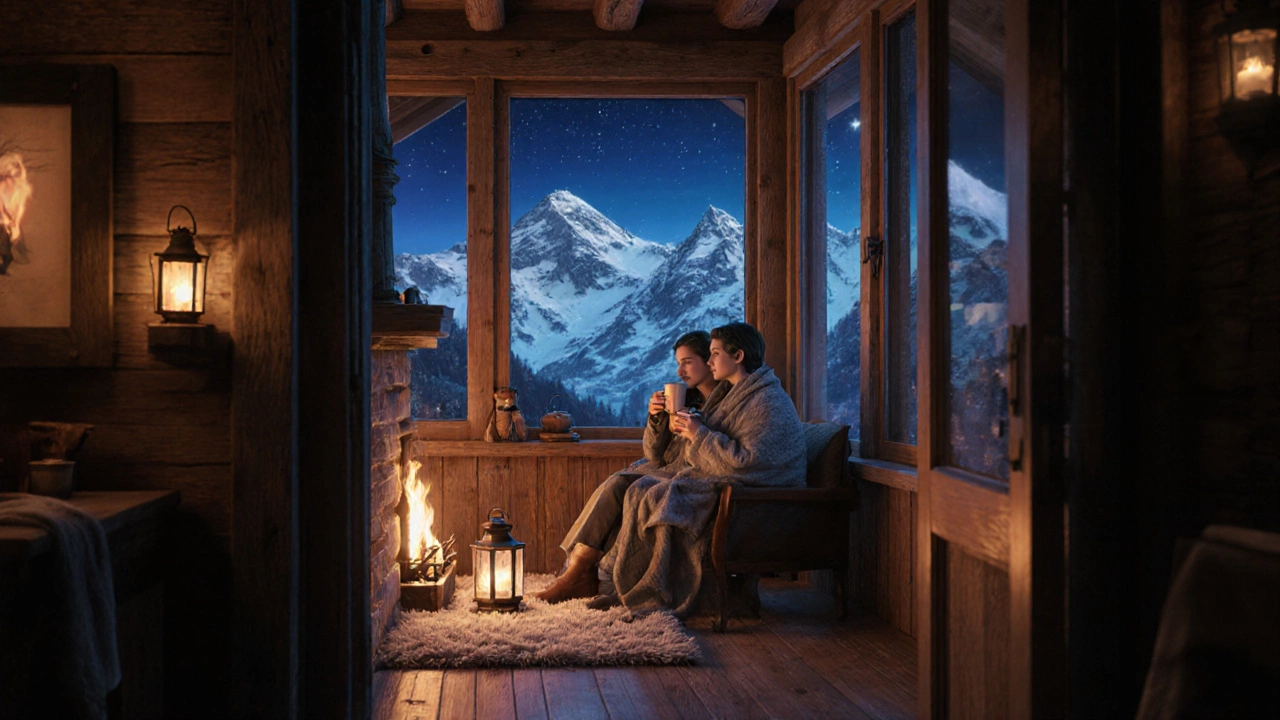 Couple cozy by a fireplace in a Swiss Alpine chalet with snowy peaks outside.