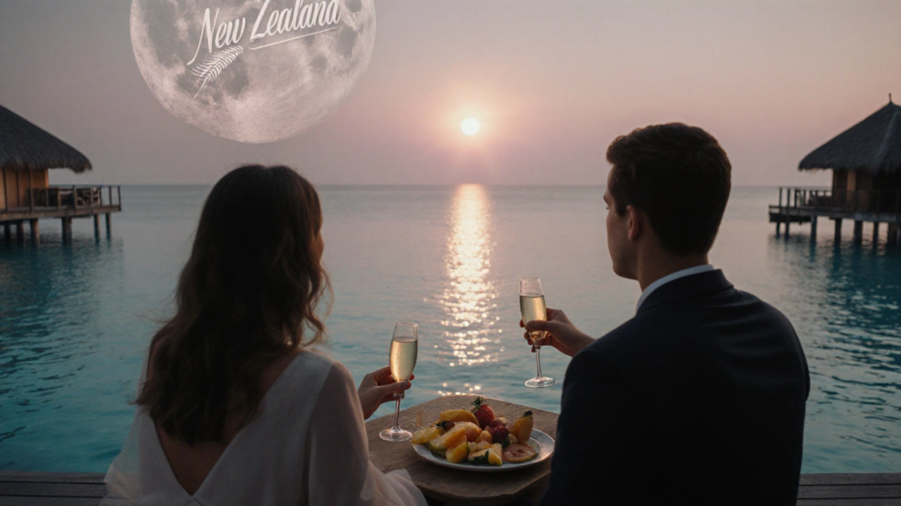Couple relaxes in an overwater bungalow with honey‑drizzled breakfast at sunset.