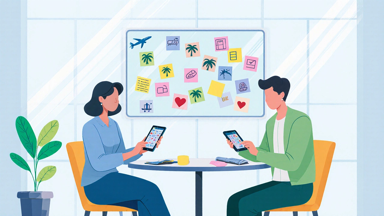 Couple using tablets and sticky notes in a bright café to plan their trip together.