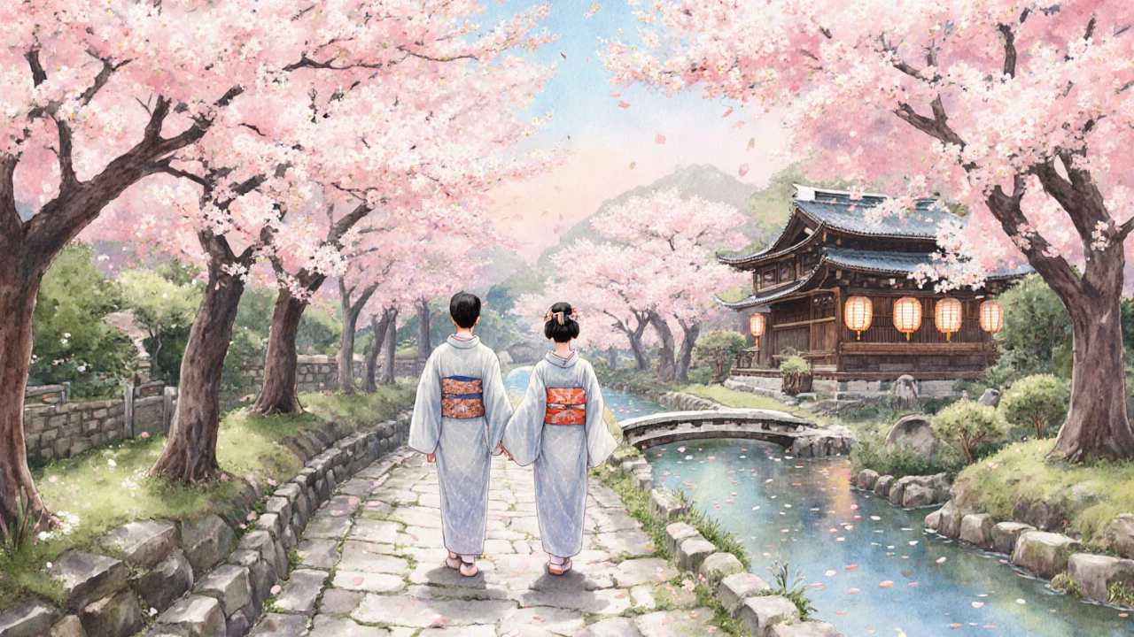 Couple walking under cherry blossoms in Kyoto with a lantern‑lit tea house nearby.