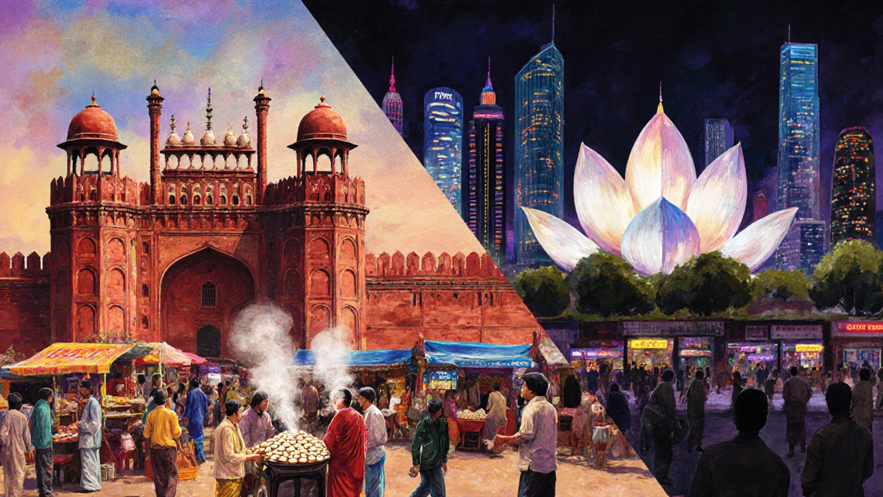 Delhi twilight scene showing Red Fort, Lotus Temple, and bustling street food.