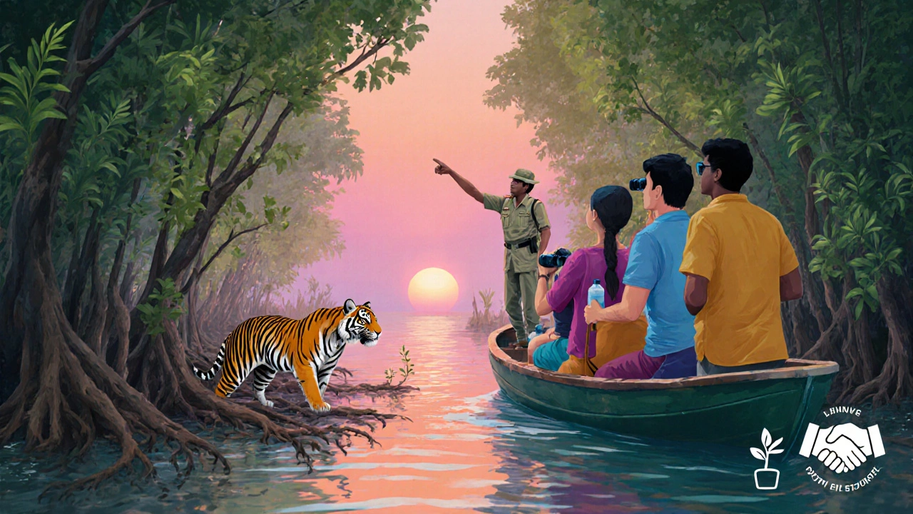 Eco‑tourists on a boat navigating Sundarbans mangroves with a local guide.