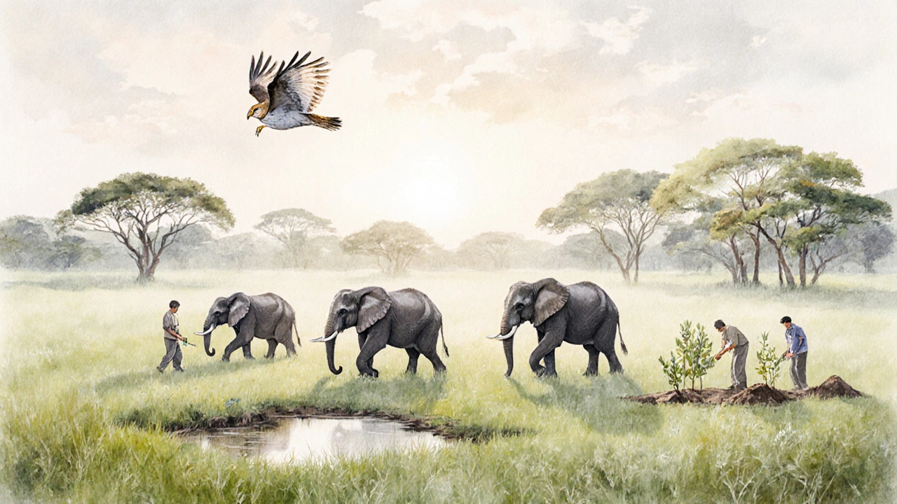 Elephants and a hawk in a misty sanctuary meadow at dawn, volunteers nearby.