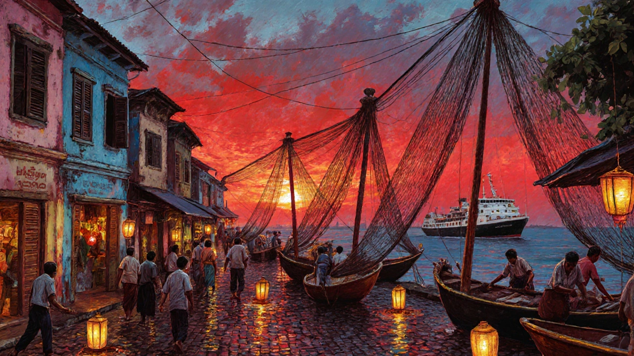 Evening scene in Fort Kochi with colonial houses, bustling market, and Chinese fishing nets against a crimson sky.