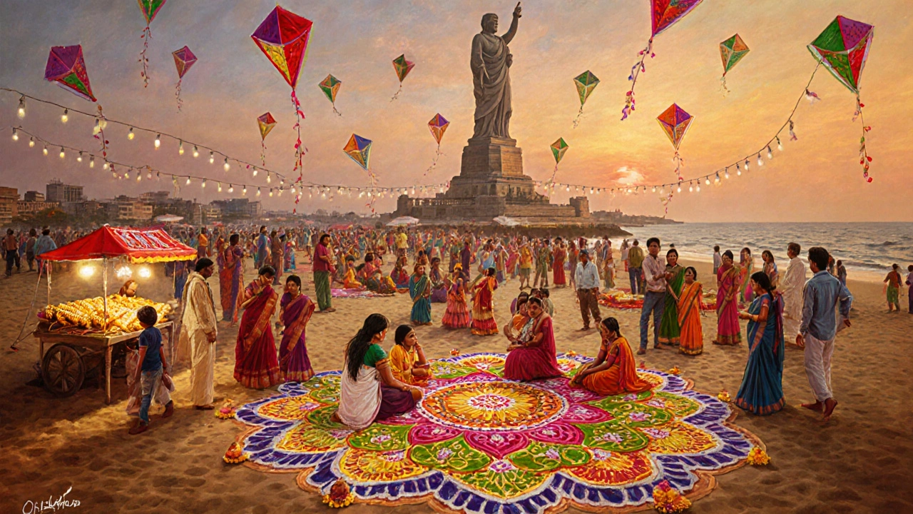 Families celebrating Pongal on Marina Beach with colorful sand art and kites flying at sunset.