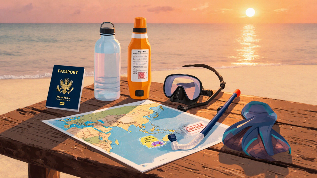 Flat illustration of travel checklist items on a beach table beside a map of islands.