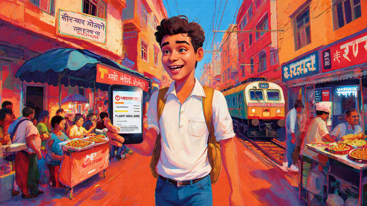 Happy traveler on Indian street using phone for flight deals, near budget guesthouse, train, street food stall and exchange kiosk.