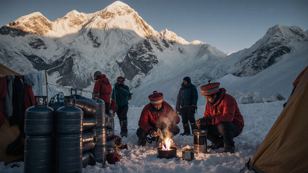 High‑altitude camp with Sherpa guides, climbers, and oxygen equipment.