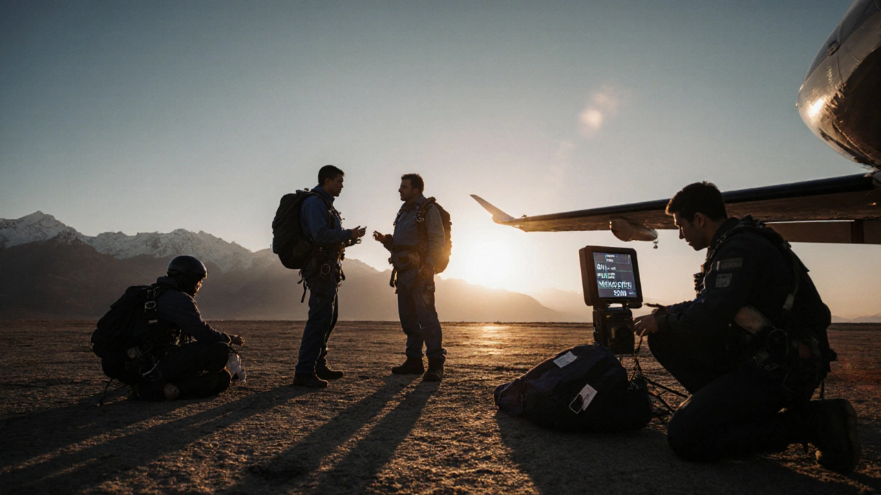 Indian drop‑zone briefing at sunrise, showing instructor, tandem jumpers, and equipment checks.