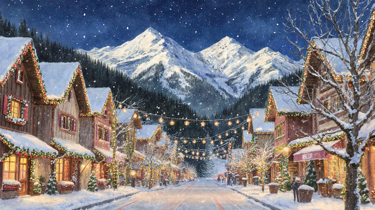 Leavenworth winter scene with snow‑covered chalets and holiday lights.
