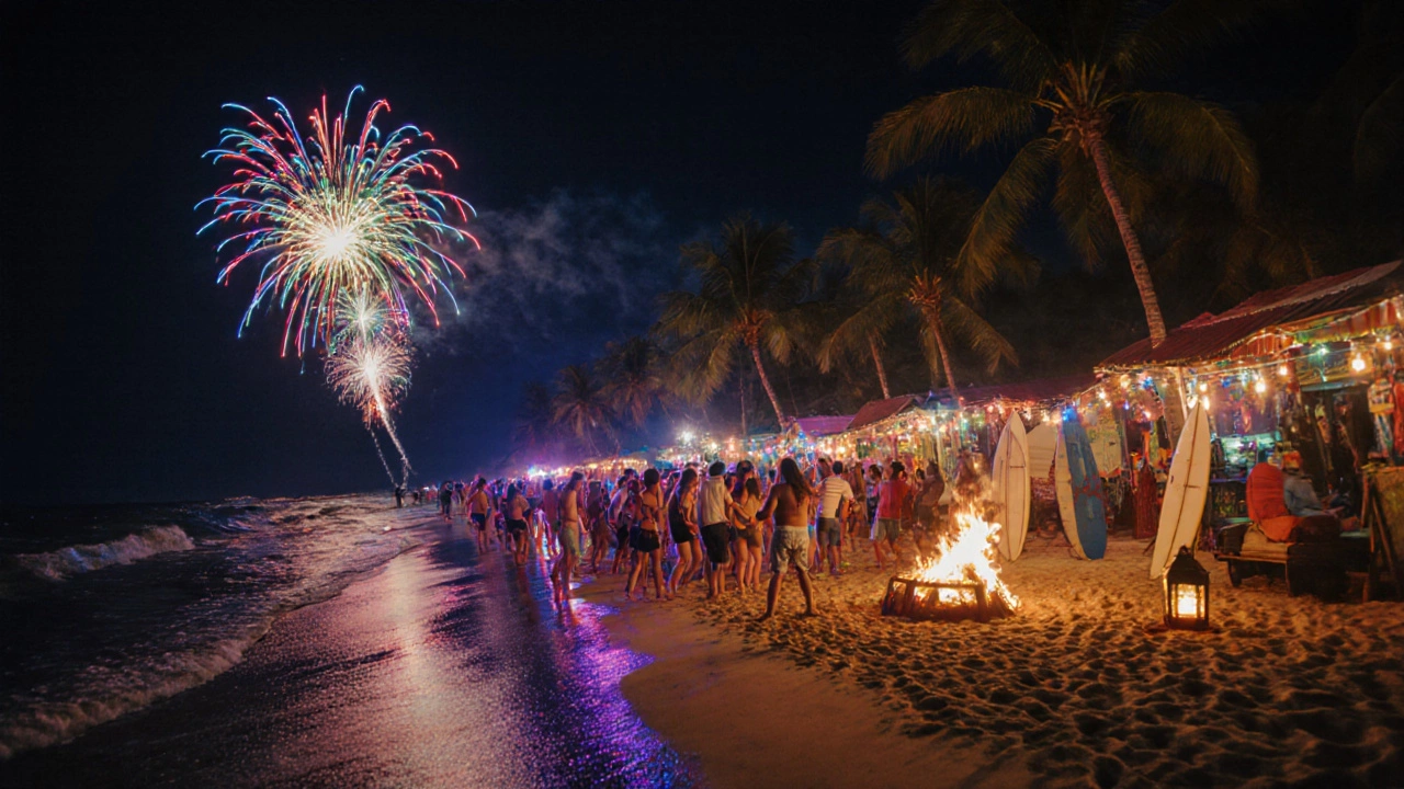 Nighttime party scene on Goa’s Baga Beach with lights and crowds.