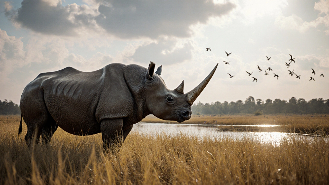 One‑horned rhinoceros standing in Kaziranga grasslands at midday.