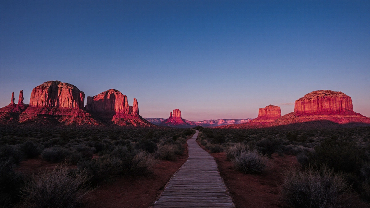 Sedona sunrise illuminating red rock mesas with a trail leading forward.
