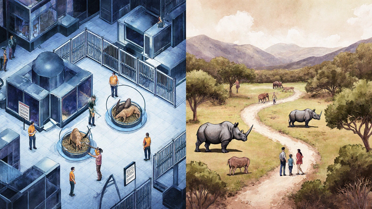Split-screen showing a structured zoo on the left and a natural sanctuary on the right.