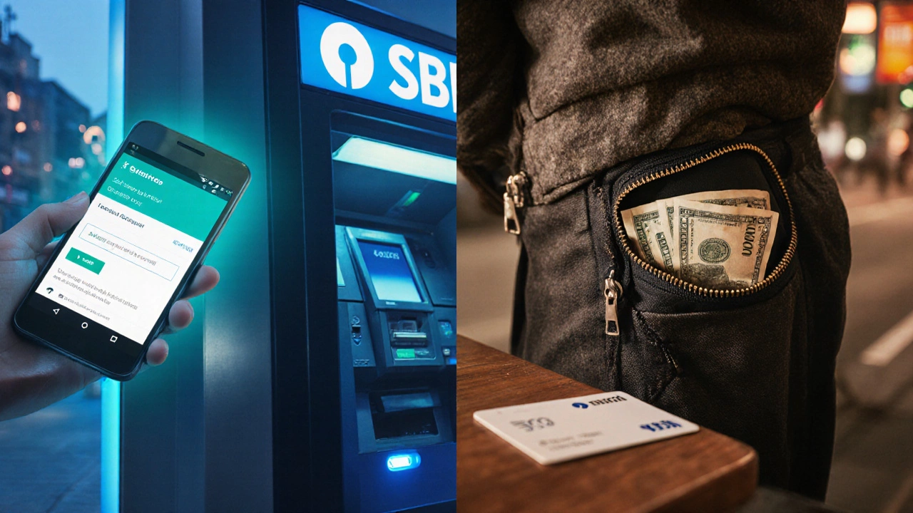 Split view of a phone showing a UPI payment and a hidden cash pouch with an ATM nearby.