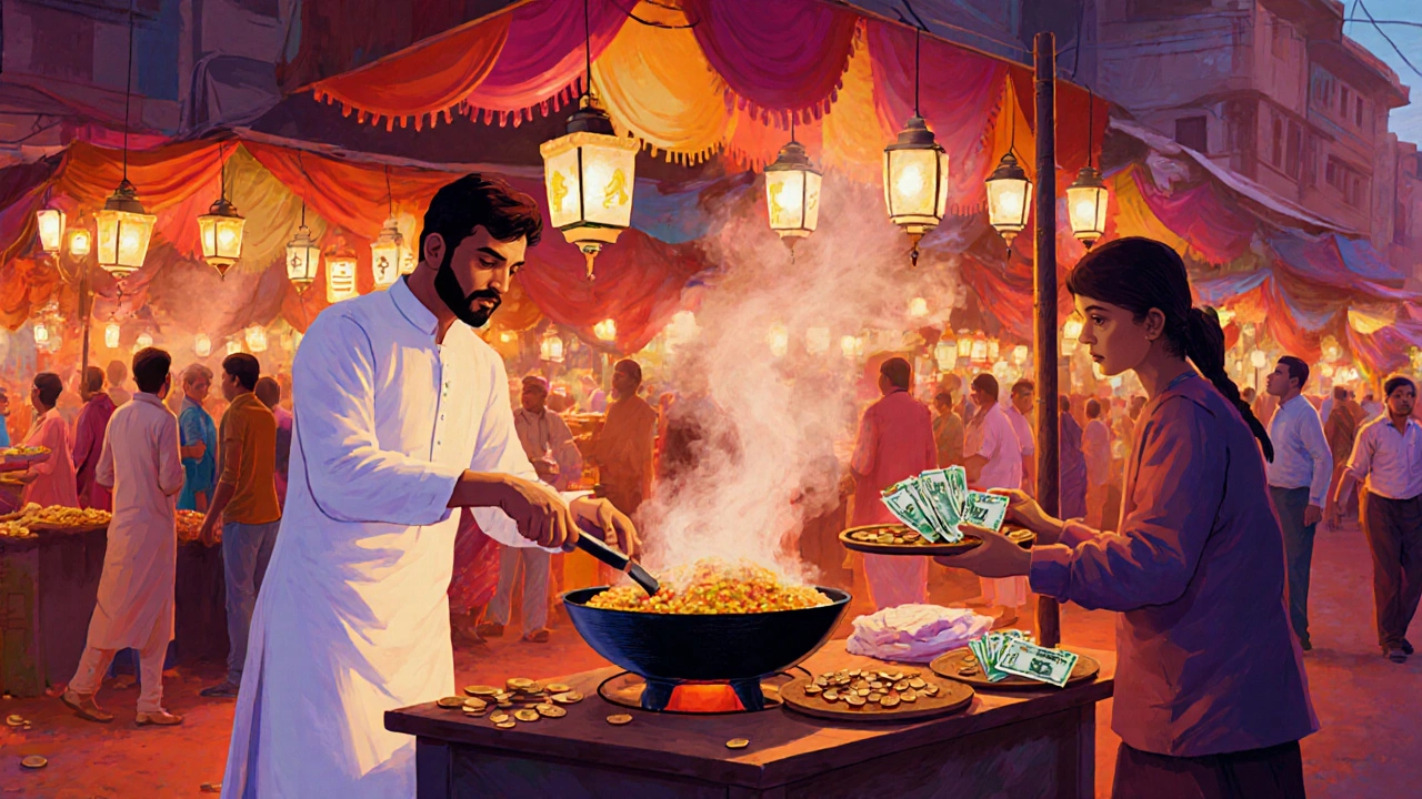Street vendor serving chaats as a traveler pays with small rupee notes in a bustling market.
