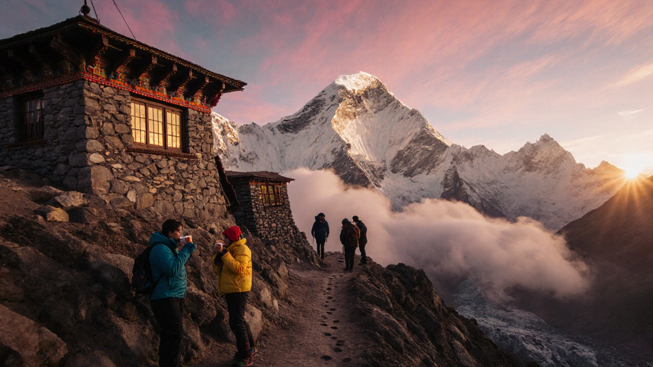Sunrise over Everest Base Camp with a Sherpa teahouse and trekkers on a ridge.