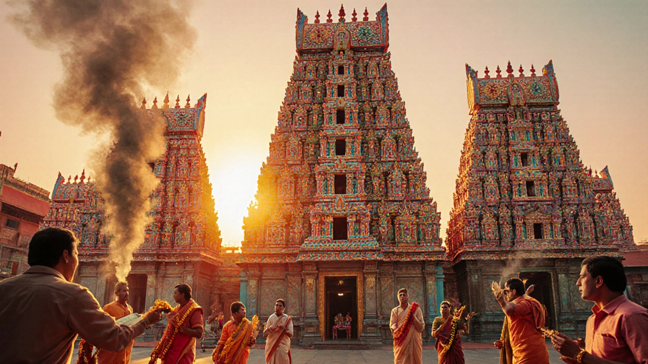 The colorful Meenakshi Temple at sunrise with golden light and incense smoke.