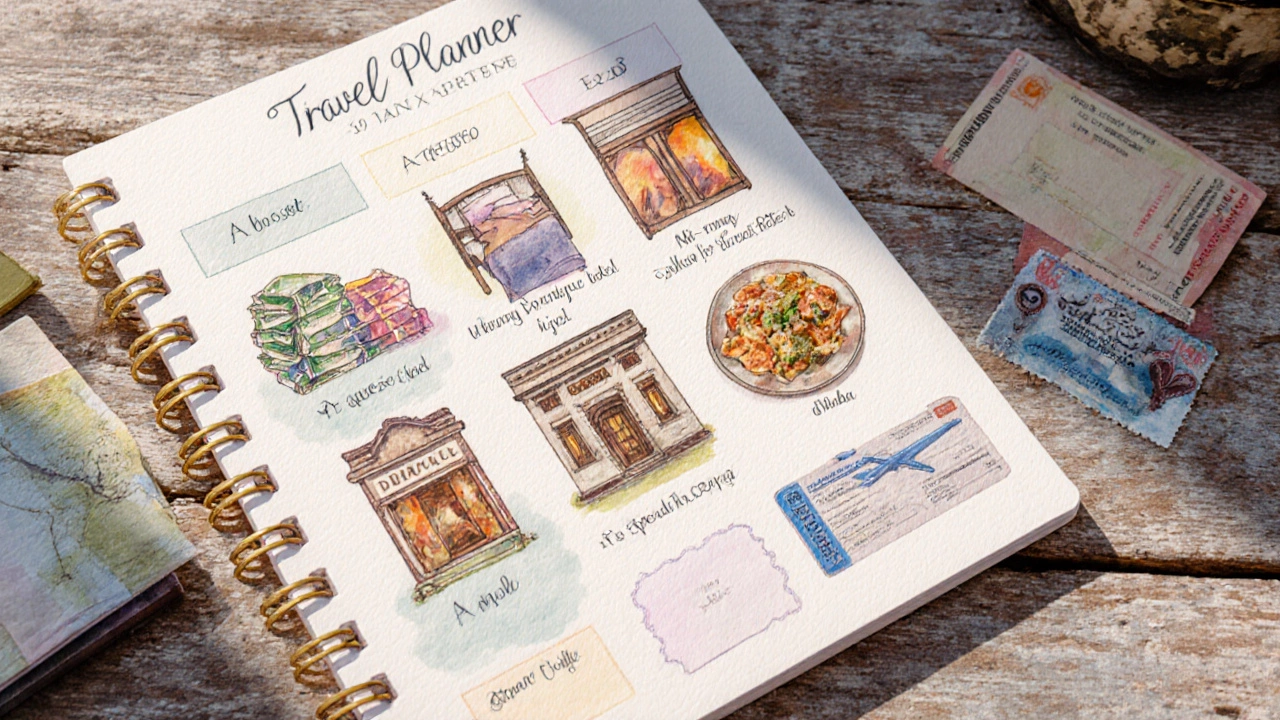 Travel planner on table showing money, hostel bed, boutique hotel, street food, train ticket and flight pass.