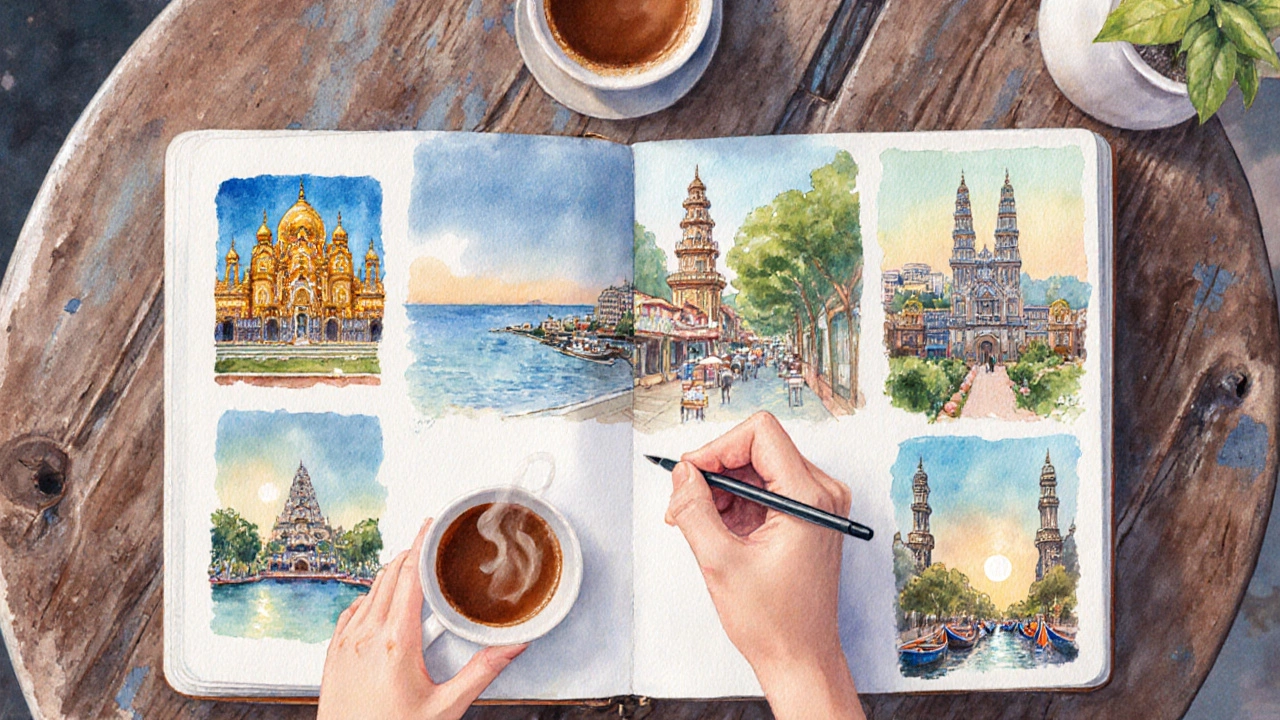 Traveler at a café sketching mini‑vignettes of six South Indian cities in a watercolor spread.