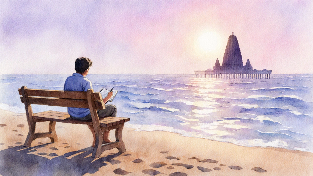 Traveler at sunrise on Puri Beach with temple silhouette.