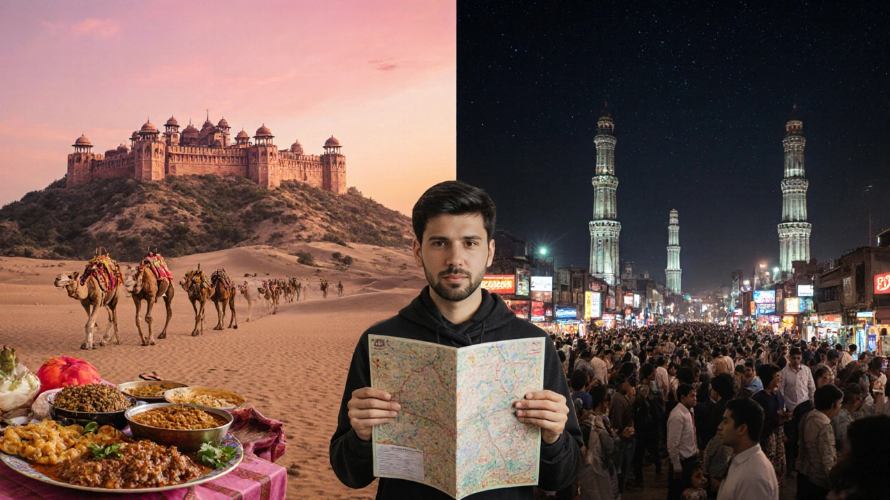 Traveler choosing between Jaipur's fort and desert and Delhi's metro and nightlife.