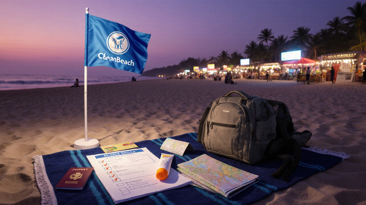 Traveler’s beach checklist on a towel at sunset on Calangute Beach.
