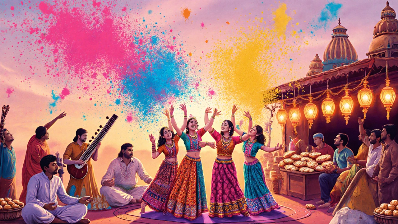 Vibrant festival scene with Holi colors, dancers, yoga pose, and lanterns.