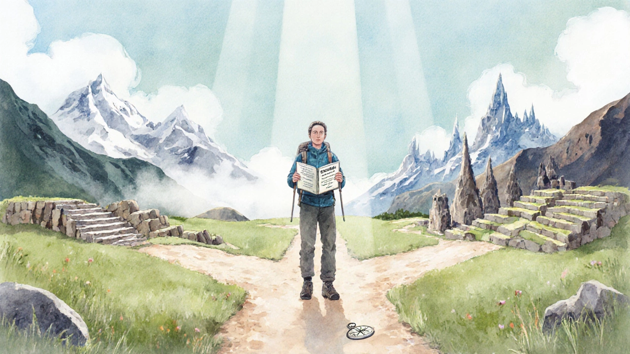 Watercolor of a hiker at a meadow crossroads with subtle trek symbols around.