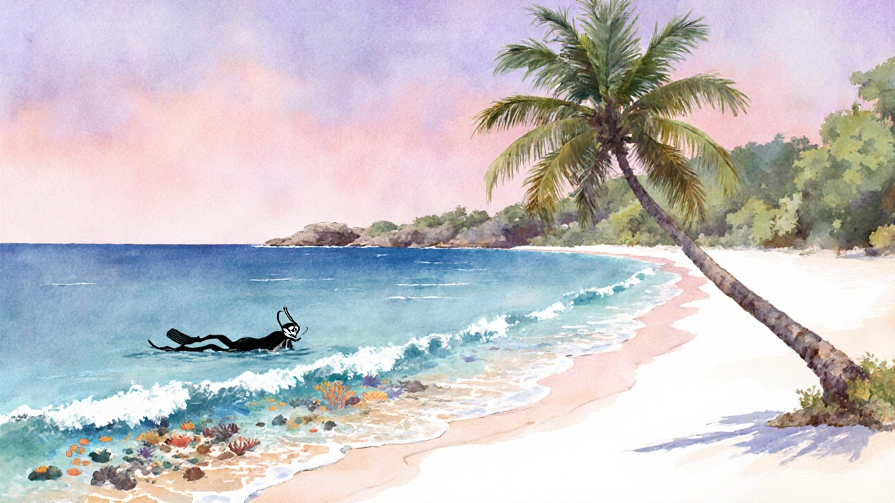 Watercolor of Havelock Island’s Radhanagar Beach with palm trees and a diver.