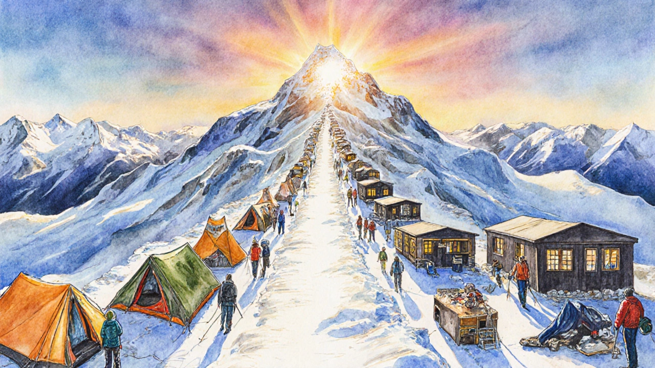 Watercolor scene of budget and luxury routes leading up Everest.