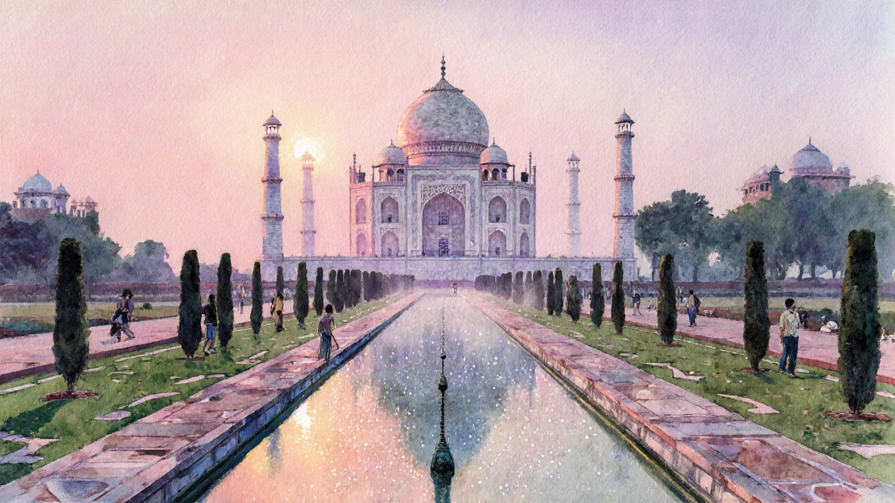 Watercolor sunrise view of Taj Mahal with mist system and calm pond.