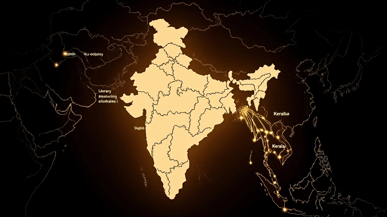 A glowing Kerala on an India map, with golden remittance streams from the Gulf, symbolizing human development.