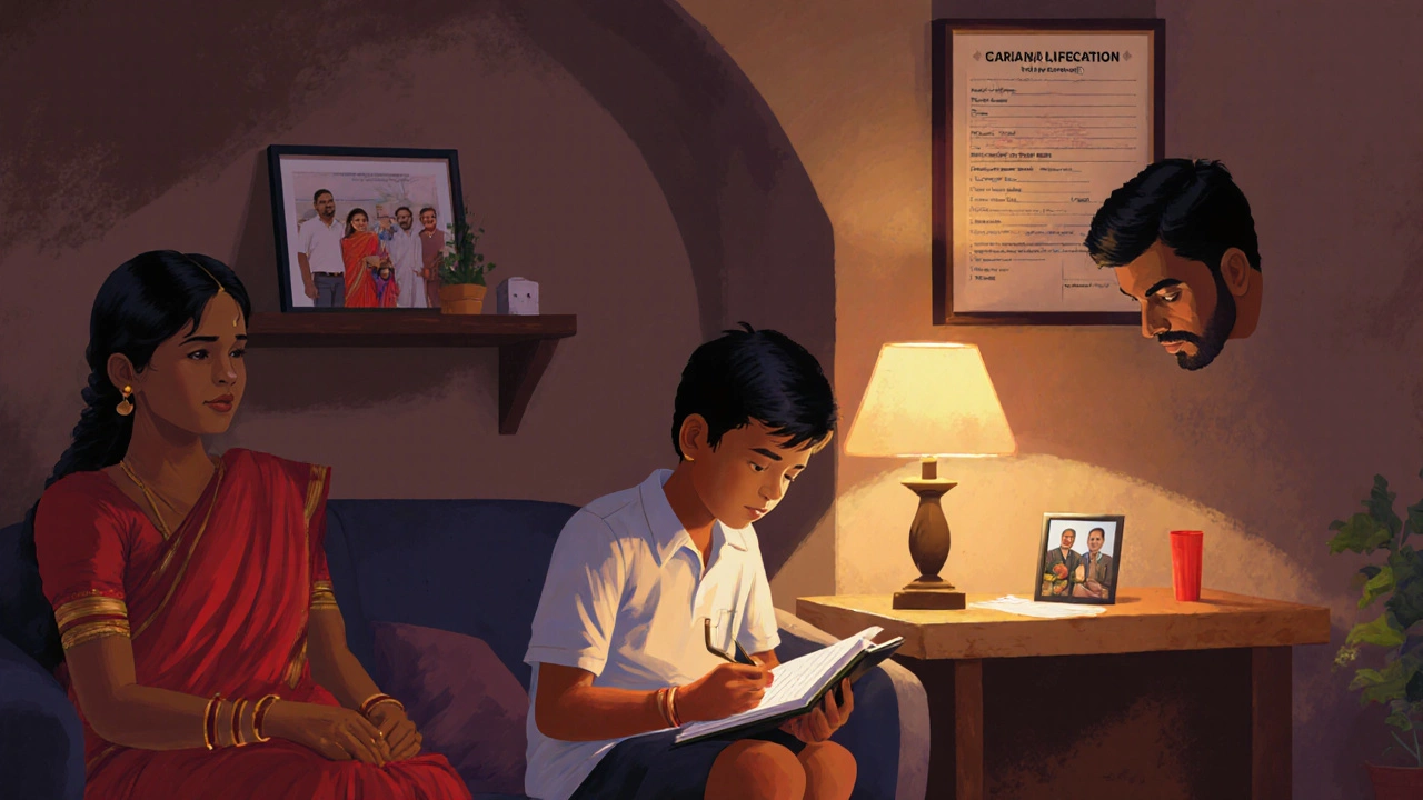 A Keralite family at home with a child’s schoolwork, RTI application on the wall, and Gulf photo on display.