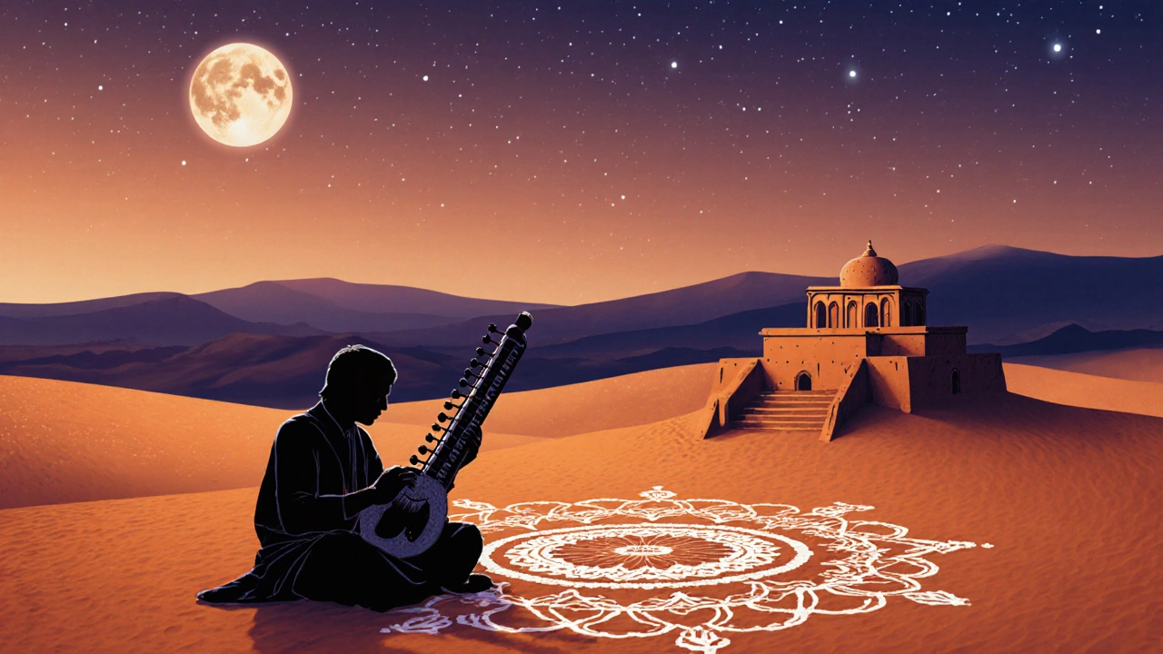 A Rajasthan musician plays under the stars beside a fading rangoli, with a stepwell echoing ancestral songs.