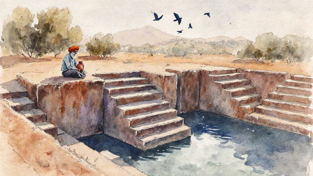 Ancient stepwell with geometric steps and a lone man sitting by the water