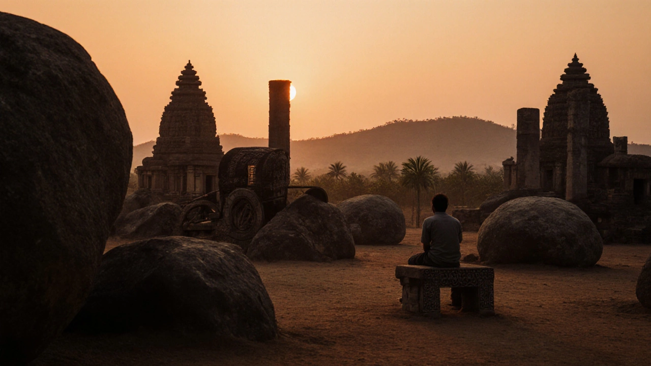 Ancient stone ruins among giant boulders at dusk in Hampi, with a solitary traveler sitting quietly.