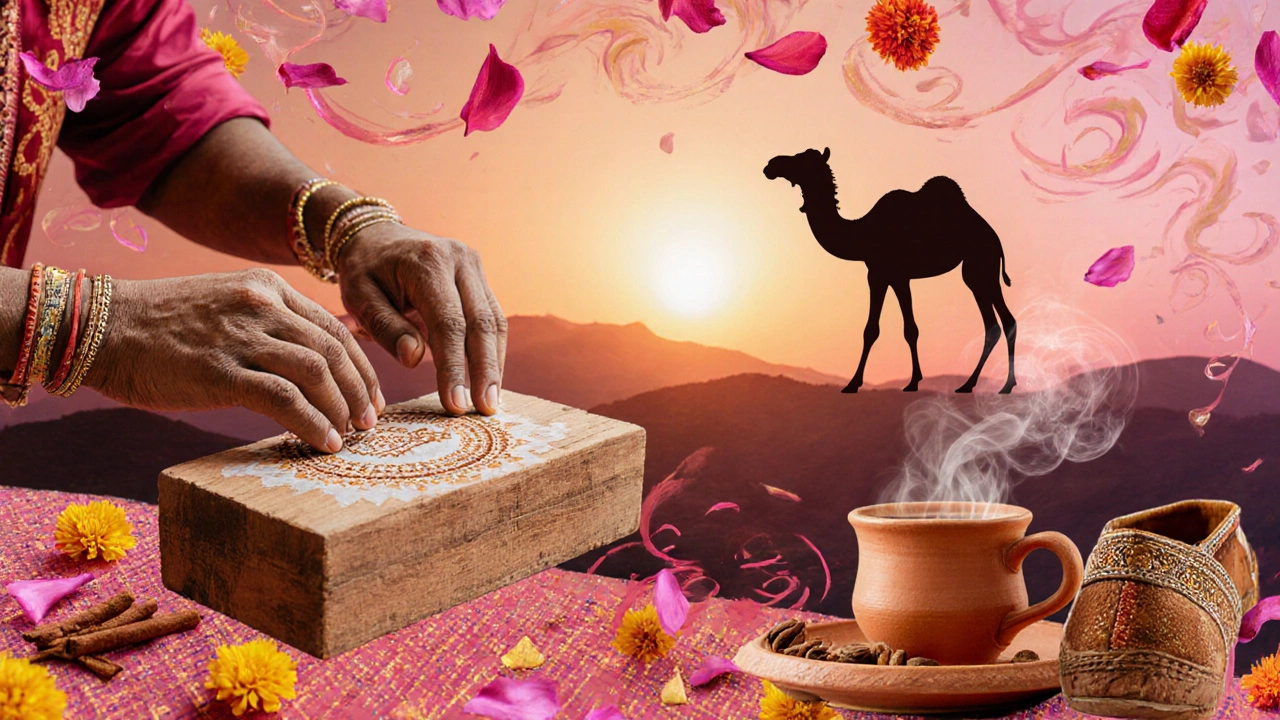 Artisan printing fabric with camel, chai cup, and marigold petals in golden light