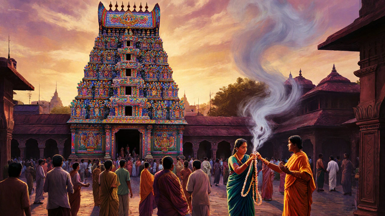 Colorful temple towers with detailed sculptures and devotees offering flowers in Madurai, India.